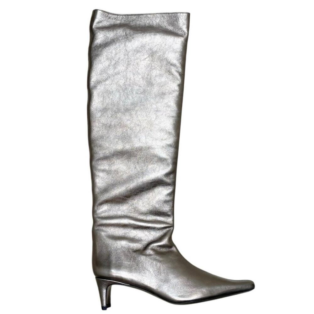STAUD Metallic Silver Knee-High Pointed-Toe Heeled Boots